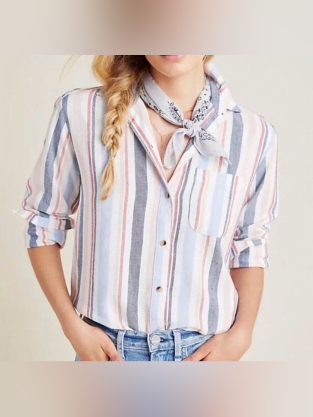 Anthropologie Maeve Striped Button-Up in Blue, Pink,White Large Cotton Linen Mix